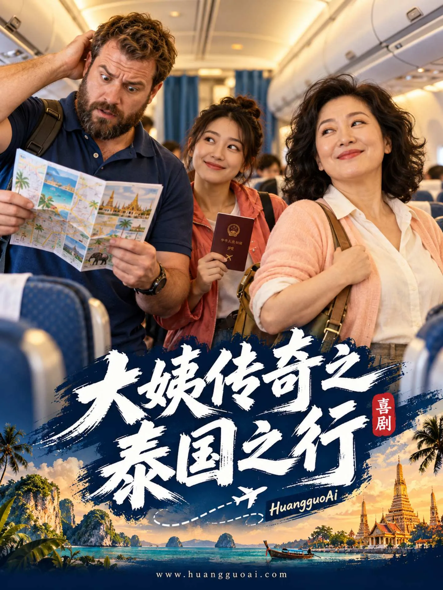 大姨传奇之泰国之行短剧封面,飞机上三人搞笑场面