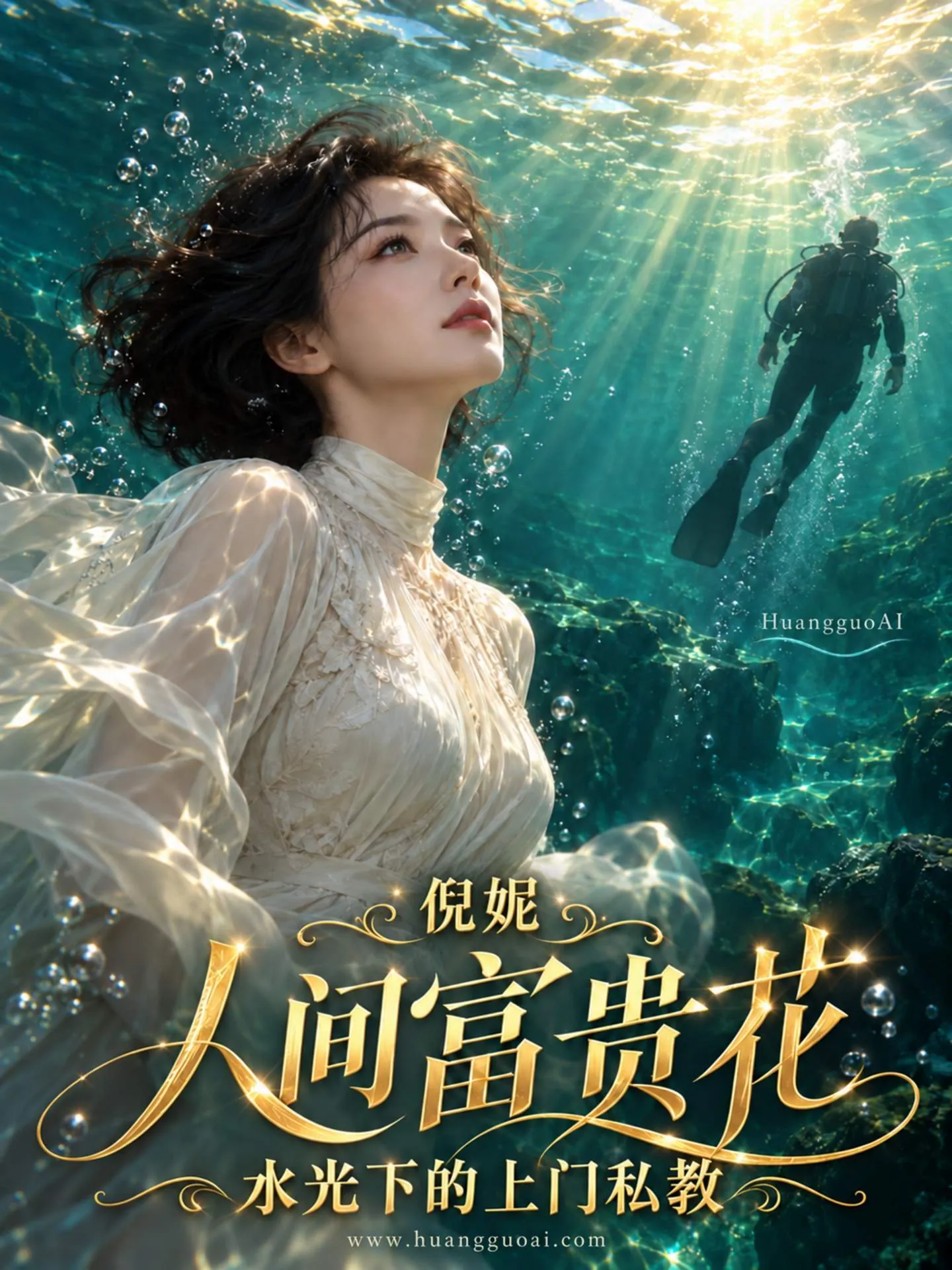 人间富贵花短剧封面,水下白裙女子与潜水员