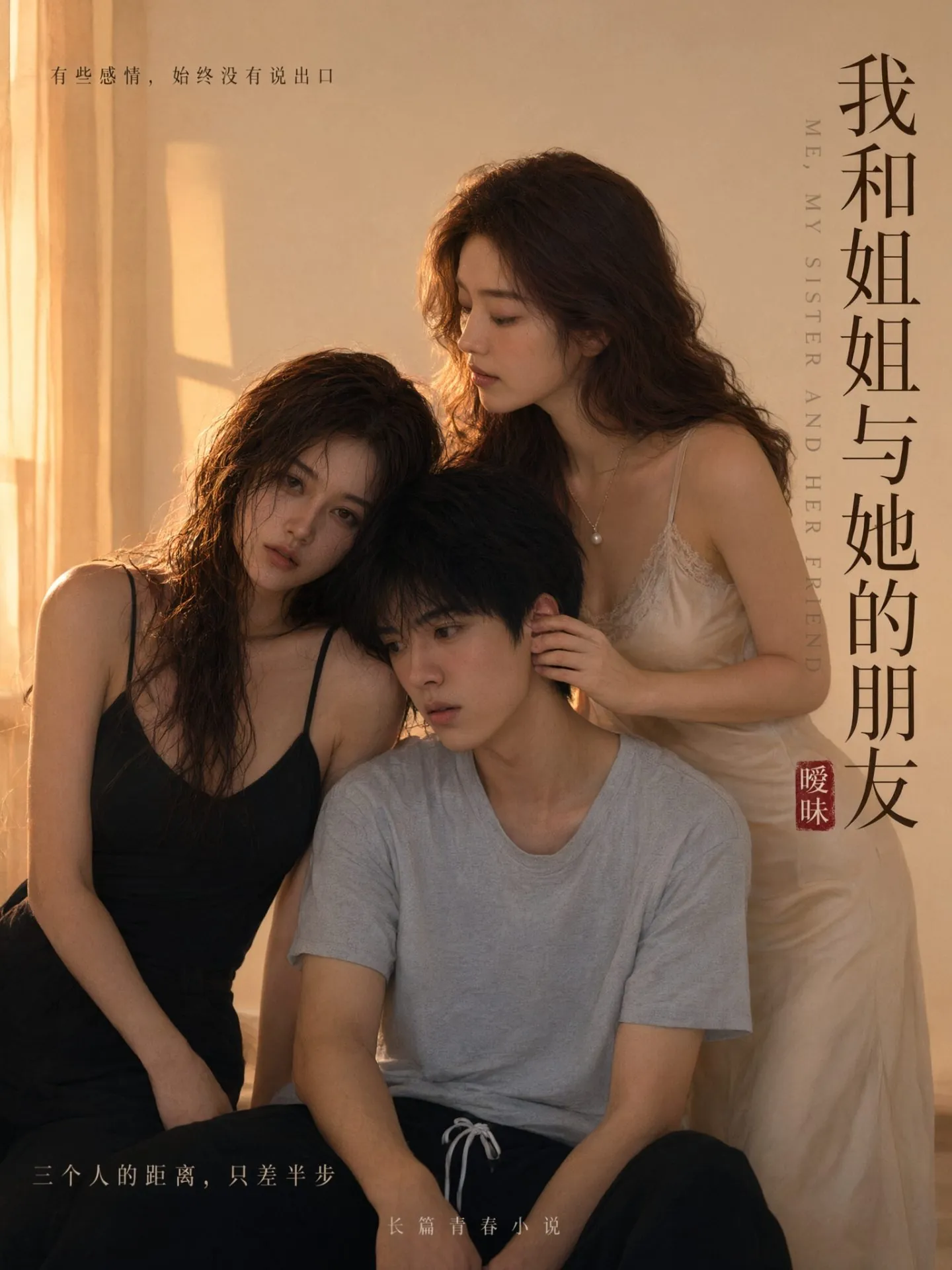 我和姐姐与她的朋友短剧封面，三人在暖光下依偎